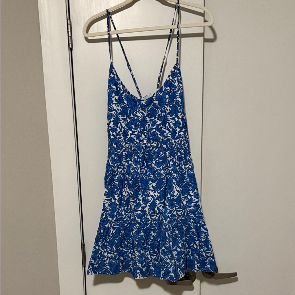 Anthropologie White Sundress with Cobalt Blue Leaf Print